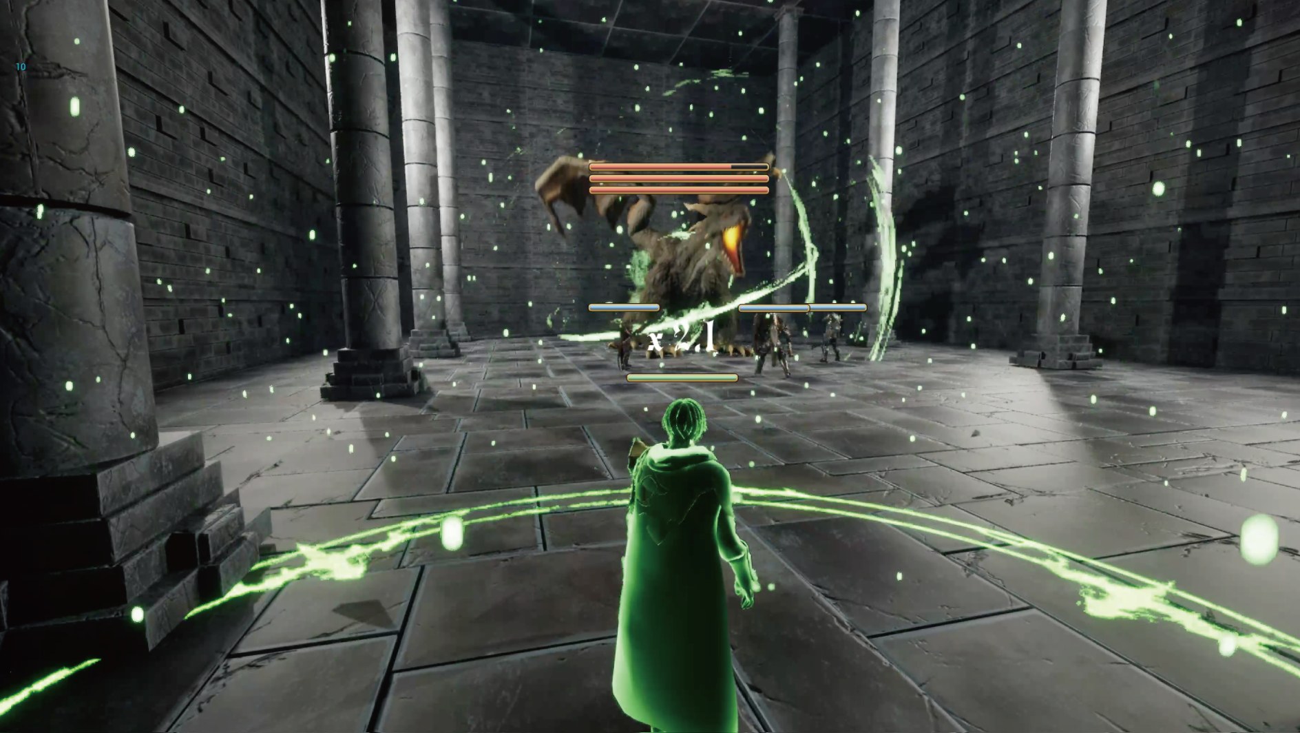 NeuroWizards ゲーム画面:翠の魔力をまとった魔法使いが、神殿でドラゴンと対峙する